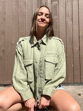 Lucky Brand Utility Jacket Womens Large Sage Green Button-Up Military Shacket